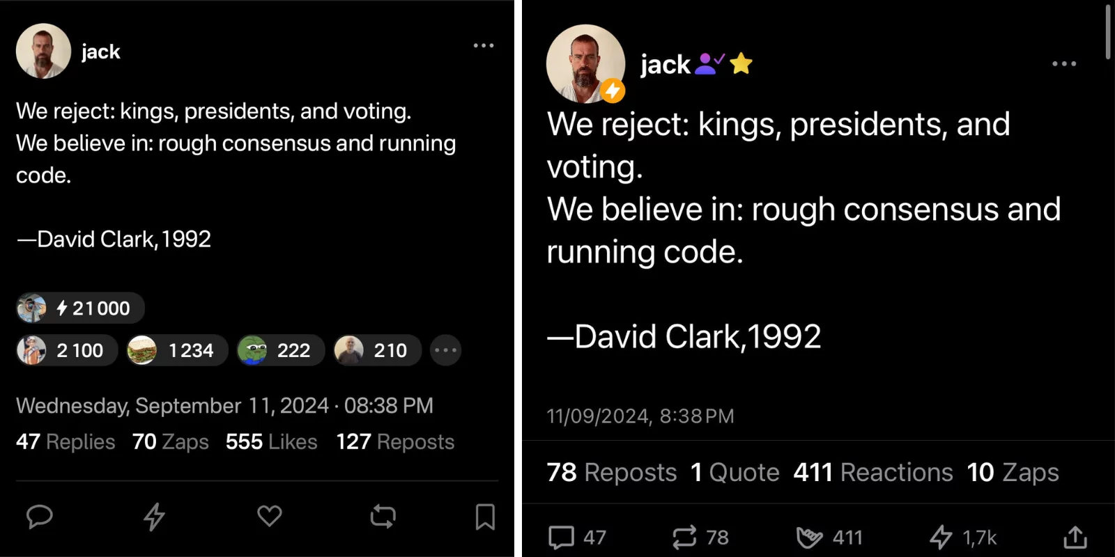 Jack Dorsey’s post on Nostr as seen on Damus (right) and Primal (left)